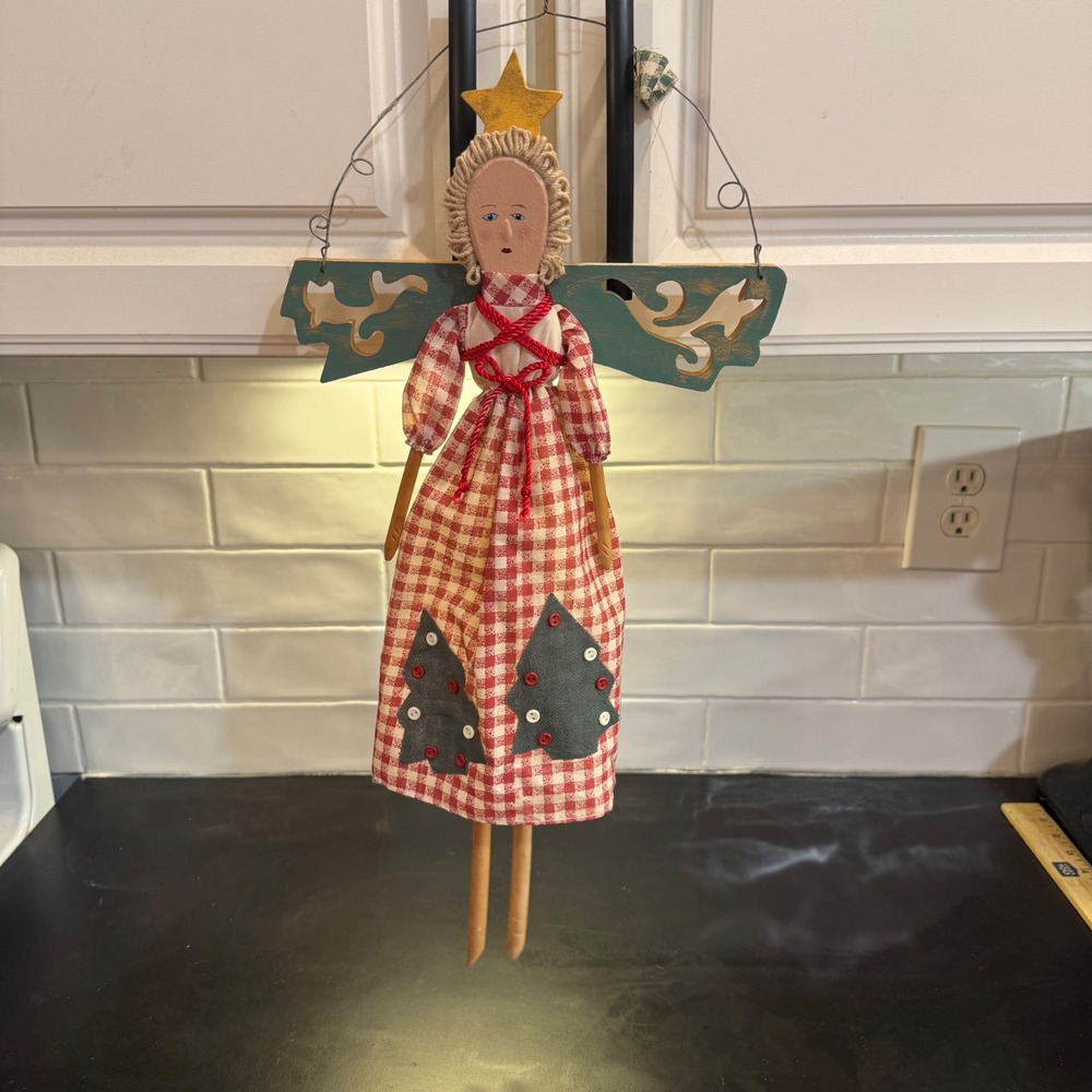 Handmade Primitive Angel Wall Hanging 23in Red Gingham Christmas Folk Art Decor